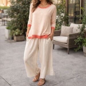 NWT Hem & Thread 100% Cotton Stripe Lightweight Sweater | Coral Cream